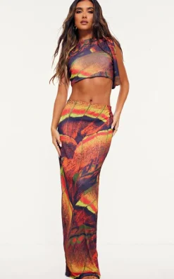 Multi Butterfly Printed Onion Skin Knot Drape Crop Top