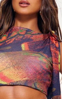 Multi Butterfly Printed Onion Skin Knot Drape Crop Top