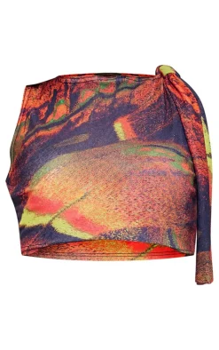 Multi Butterfly Printed Onion Skin Knot Drape Crop Top