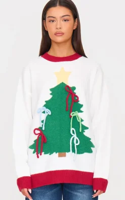 Multi Christmas Tree Bow Oversized Knitted Christmas Sweater