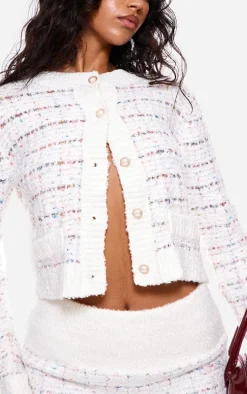 Multi Contrast Boucle Knit Button Up Cardigan