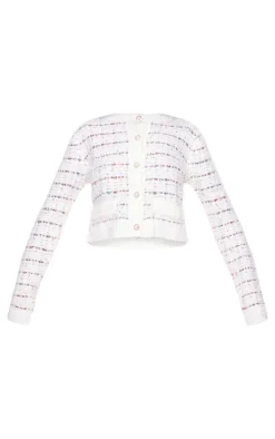 Multi Contrast Boucle Knit Button Up Cardigan