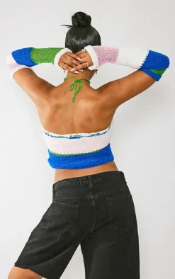 Multi Contrast Mixed Knit Bandeau Top & Sleeves