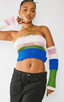 Multi Contrast Mixed Knit Bandeau Top & Sleeves
