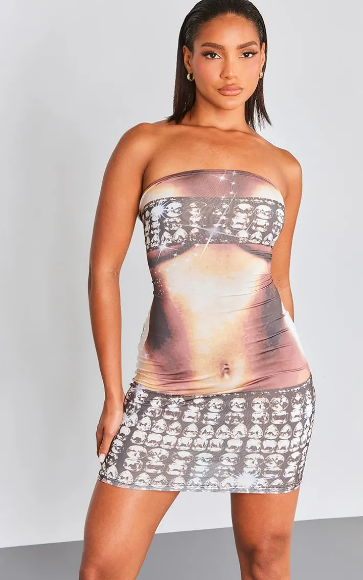 Multi Diamante Body Print Lace Up Bandeau Bodycon Dress