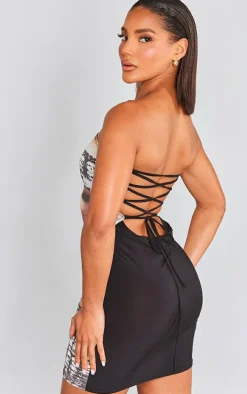 Multi Diamante Body Print Lace Up Bandeau Bodycon Dress