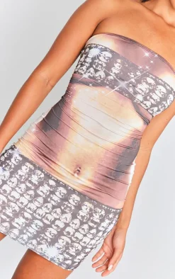 Multi Diamante Body Print Lace Up Bandeau Bodycon Dress