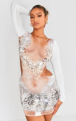 Multi Diamante Body Print Cut Out Long Sleeve Bodycon Dress