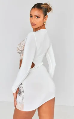 Multi Diamante Body Print Cut Out Long Sleeve Bodycon Dress