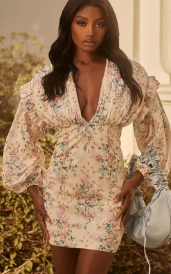 Multi Ditsy Floral Print Embroidered Neck Tie Detail Shift Dress