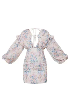 Multi Ditsy Floral Print Embroidered Neck Tie Detail Shift Dress