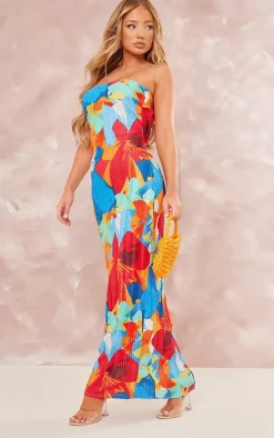 Multi Floral Abstract Print Plisse Bandeau Cowl Back Maxi Dress