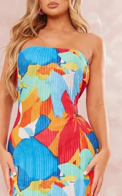 Multi Floral Abstract Print Plisse Bandeau Cowl Back Maxi Dress