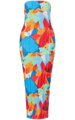Multi Floral Abstract Print Plisse Bandeau Cowl Back Maxi Dress