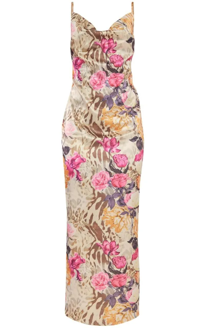 Multi Floral Animal Printed Satin Cowl Neck Maxi Dress