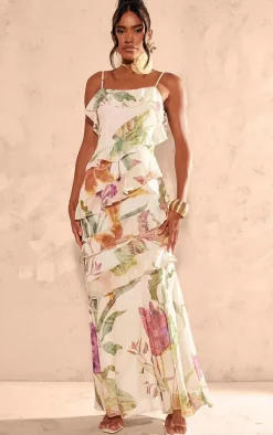 Multi Floral Chiffon Extreme Frill Maxi Dress
