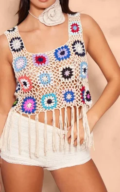 Multi Floral Crochet Knit Crop Top