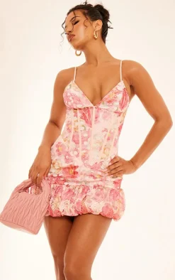 Multi Floral Cup Detail Extreme Puff Ball Hem Mini Dress