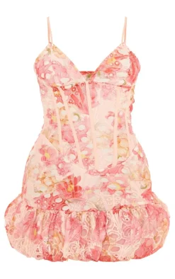 Multi Floral Cup Detail Extreme Puff Ball Hem Mini Dress