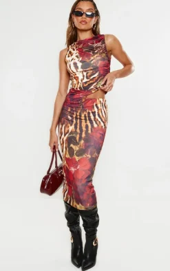 Multi Floral Leopard Printed Double Layer Slinky Midaxi Skirt