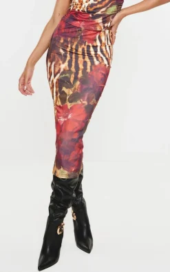 Multi Floral Leopard Printed Double Layer Slinky Midaxi Skirt