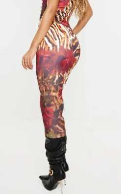 Multi Floral Leopard Printed Double Layer Slinky Midaxi Skirt