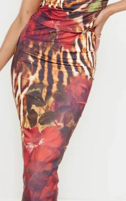 Multi Floral Leopard Printed Double Layer Slinky Midaxi Skirt