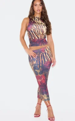 Multi Floral Leopard Printed Double Layer Slinky Crop Top