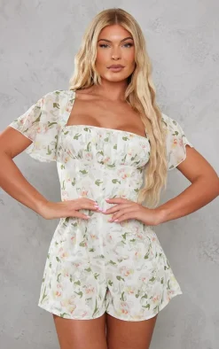 Multi Floral Print Chiffon Ruched Bust Romper