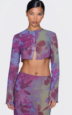 Multi Floral Print Chiffon Cropped Blouse