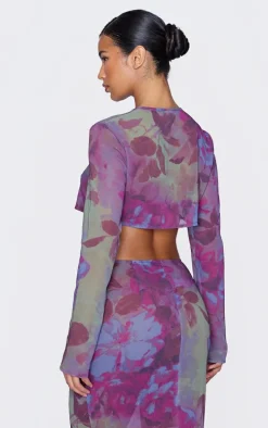 Multi Floral Print Chiffon Cropped Blouse