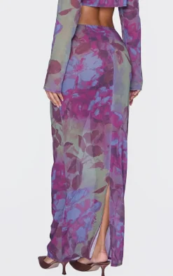 Multi Floral Print Chiffon Mid Rise Maxi Skirt