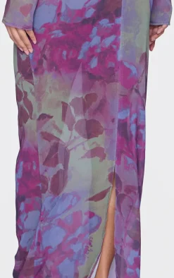 Multi Floral Print Chiffon Mid Rise Maxi Skirt