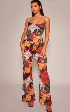 Multi Floral Print Cowl Neck Mesh Jumpsuit