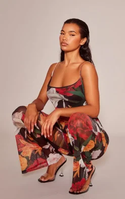 Multi Floral Print Cowl Neck Mesh Jumpsuit