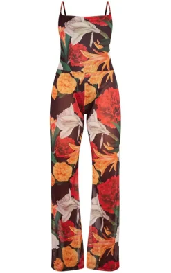 Multi Floral Print Cowl Neck Mesh Jumpsuit