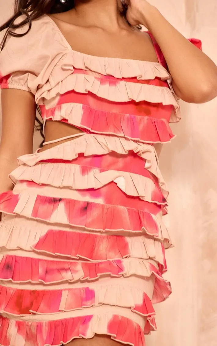Multi Floral Print Frill Detail Cut Out Puff Sleeve Bodycon Dress