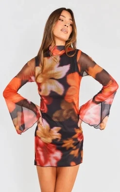 Multi Floral Print High Neck Flared Sleeve Shift Dress
