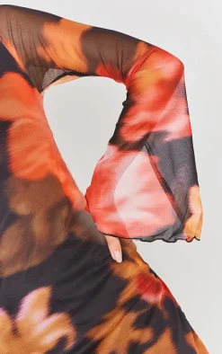 Multi Floral Print High Neck Flared Sleeve Shift Dress