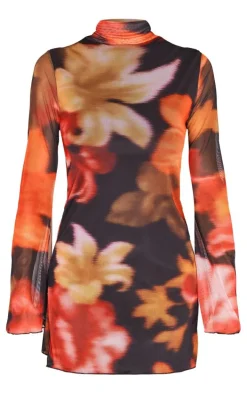 Multi Floral Print High Neck Flared Sleeve Shift Dress