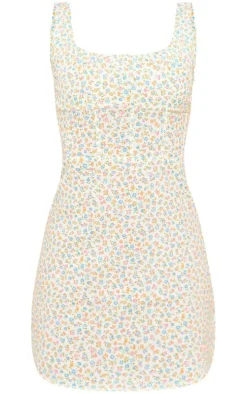 Multi Floral Print Linen Look Corset Detail Bodycon Dress