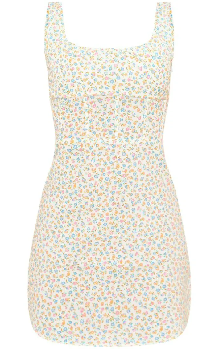 Multi Floral Print Linen Look Corset Detail Bodycon Dress