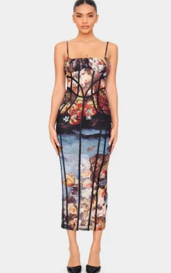 Multi Floral Print Mesh Binding Detail Midaxi Dress