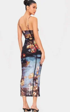 Multi Floral Print Mesh Binding Detail Midaxi Dress