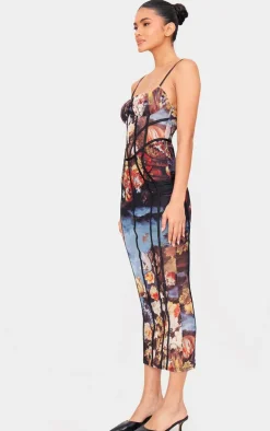 Multi Floral Print Mesh Binding Detail Midaxi Dress