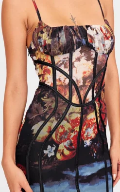 Multi Floral Print Mesh Binding Detail Midaxi Dress