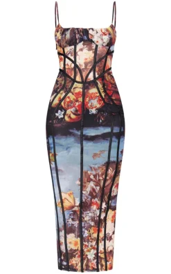 Multi Floral Print Mesh Binding Detail Midaxi Dress