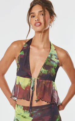Multi Floral Print Mesh Halterneck Top