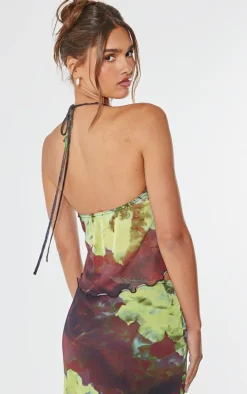 Multi Floral Print Mesh Halterneck Top