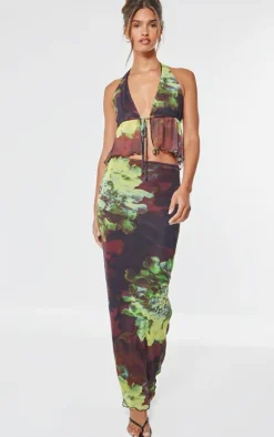 Multi Floral Print Mesh Halterneck Top